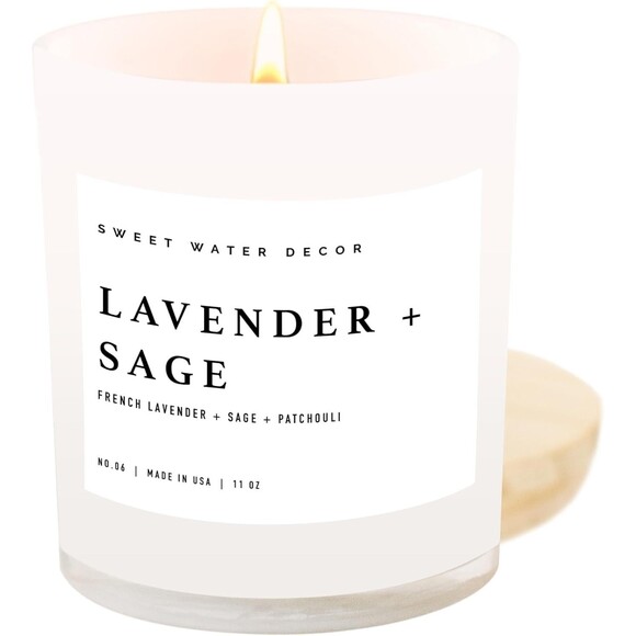 Sweet Water Decor Lavender Sage Candle 11oz Soy Wax Jar 50+ Hr Burn USA Made - Picture 1 of 13